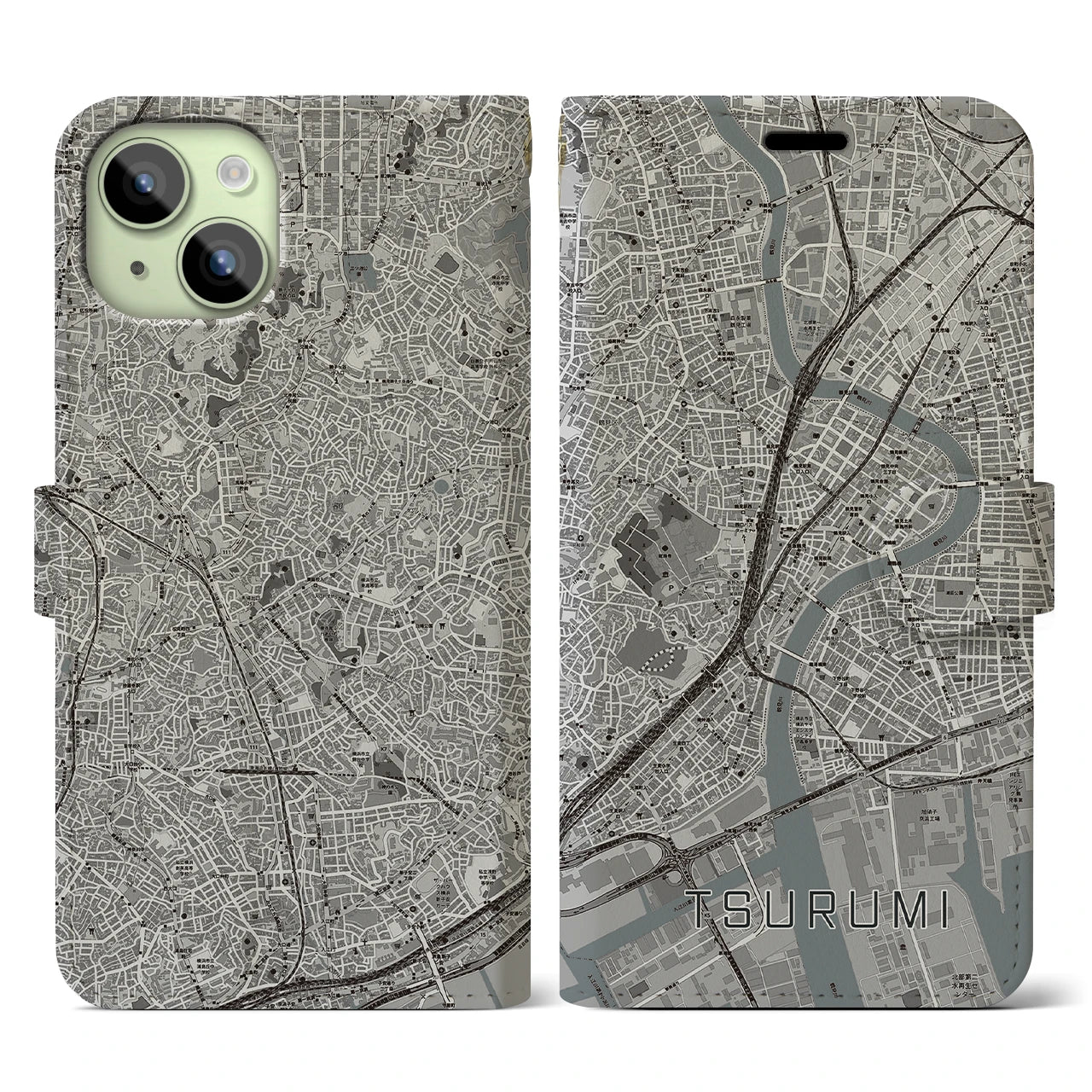 【鶴見】地図柄iPhoneケース（手帳両面タイプ・モノトーン）iPhone 15 用