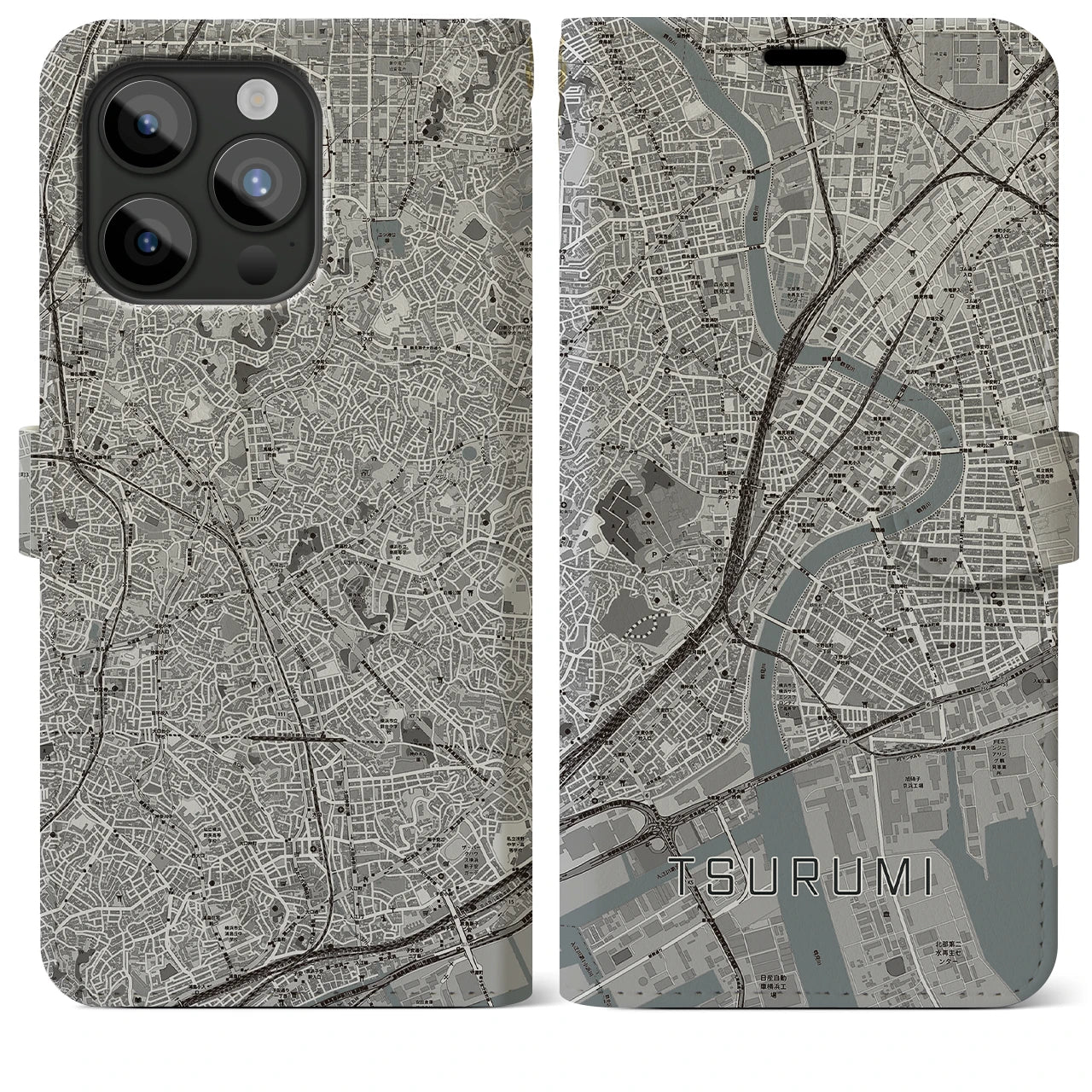 【鶴見】地図柄iPhoneケース（手帳両面タイプ・モノトーン）iPhone 15 Pro Max 用