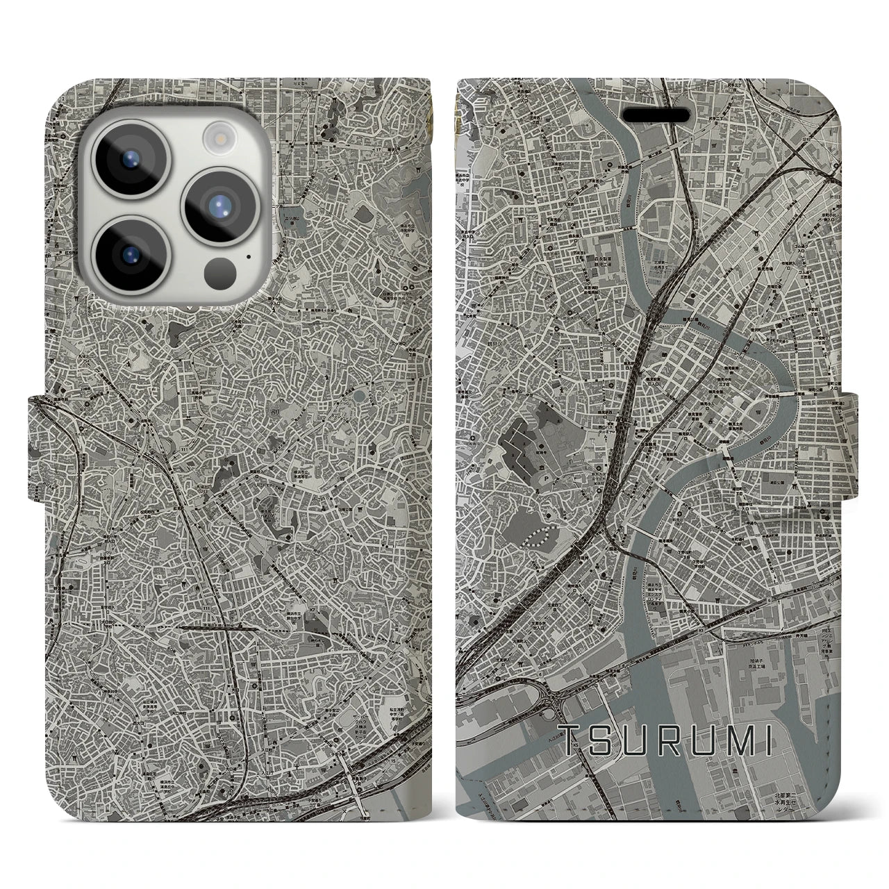 【鶴見】地図柄iPhoneケース（手帳両面タイプ・モノトーン）iPhone 15 Pro 用