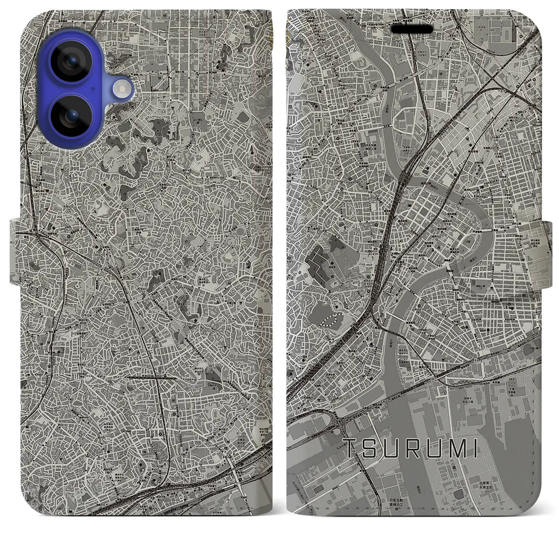 【鶴見(神奈川県)】地図柄iPhoneケース(手帳タイプ)モノトーン・iPhone 16 Pro Max 用