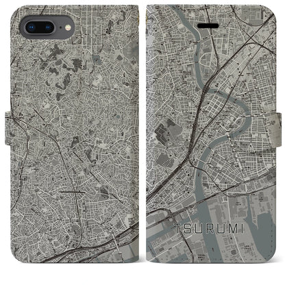 【鶴見（神奈川県）】地図柄iPhoneケース（手帳タイプ）モノトーン・iPhone 8Plus /7Plus / 6sPlus / 6Plus 用