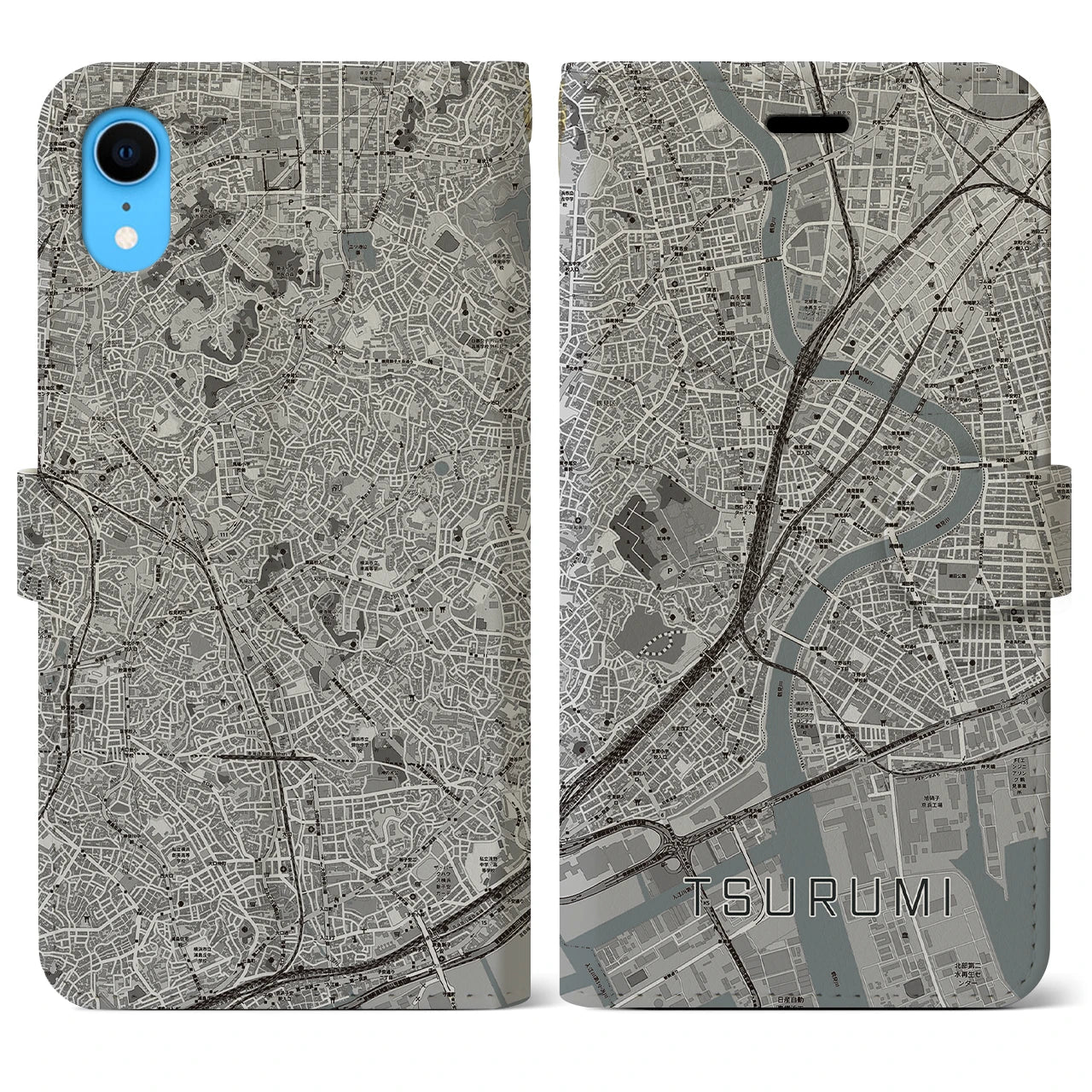【鶴見】地図柄iPhoneケース（手帳両面タイプ・モノトーン）iPhone XR 用