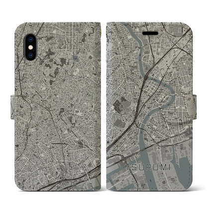 【鶴見（神奈川県）】地図柄iPhoneケース（手帳タイプ）モノトーン・iPhone XS / X 用