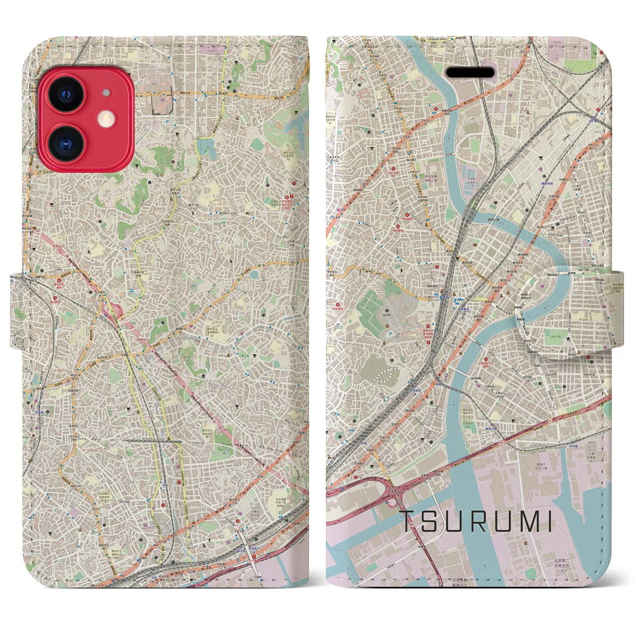【鶴見】地図柄iPhoneケース（手帳両面タイプ・ナチュラル）iPhone 11 用