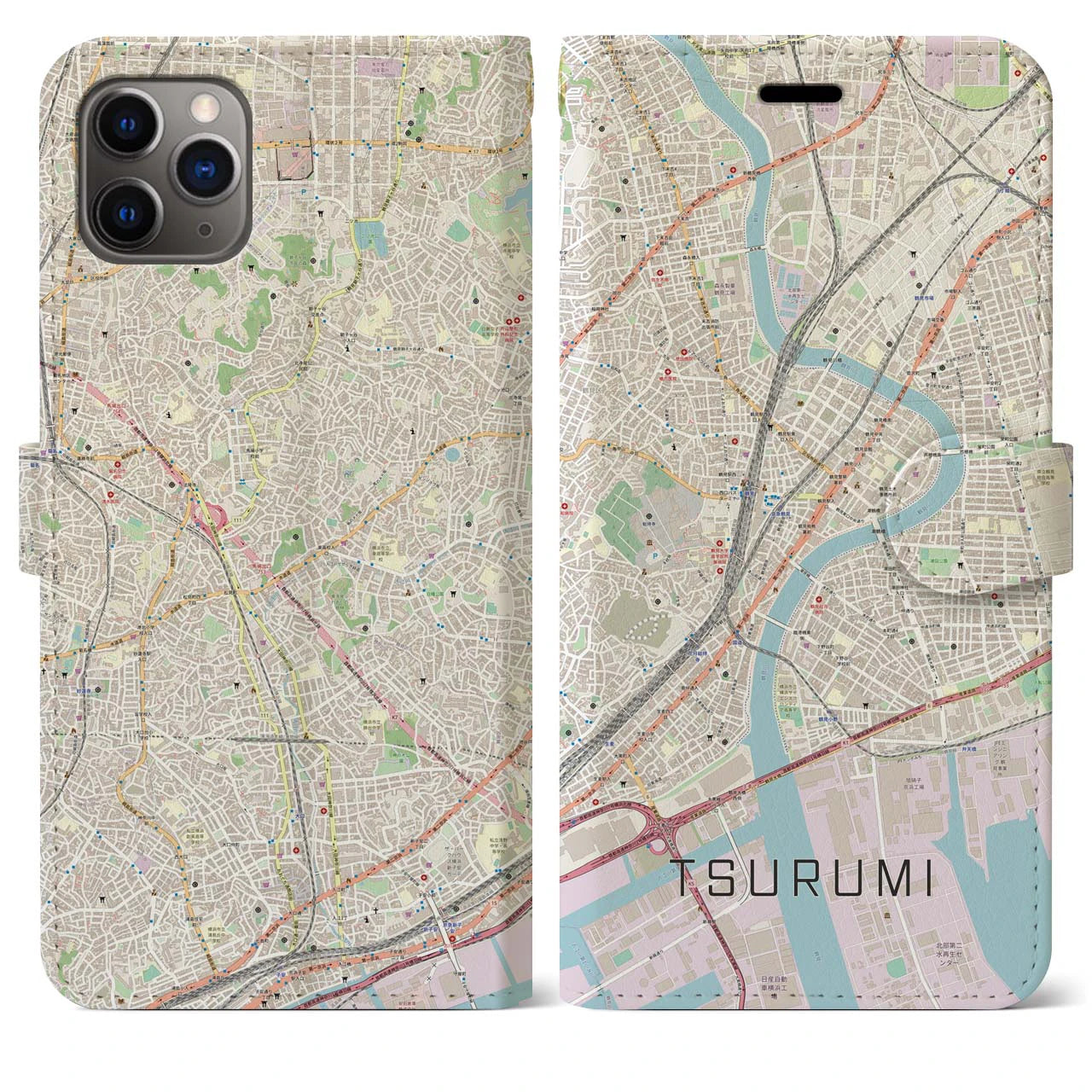 【鶴見】地図柄iPhoneケース（手帳両面タイプ・ナチュラル）iPhone 11 Pro Max 用