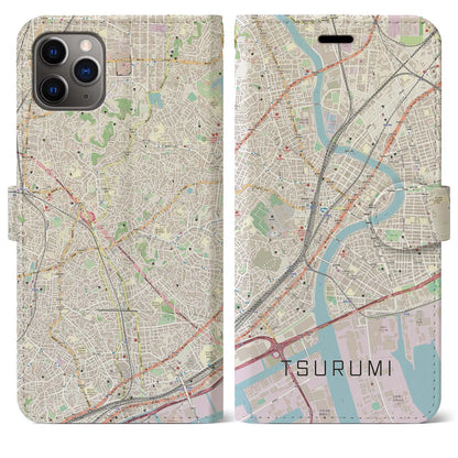 【鶴見（神奈川県）】地図柄iPhoneケース（手帳タイプ）ナチュラル・iPhone 11 Pro Max 用