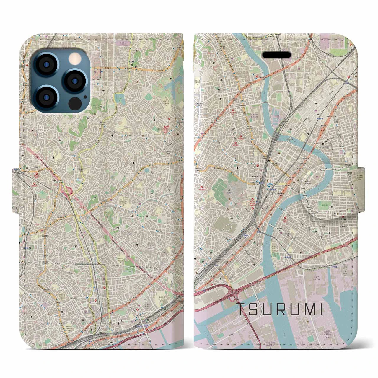 【鶴見】地図柄iPhoneケース（手帳両面タイプ・ナチュラル）iPhone 12 / 12 Pro 用