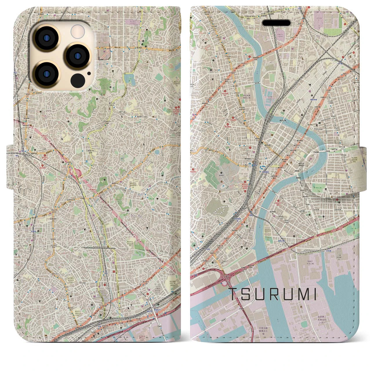【鶴見】地図柄iPhoneケース（手帳両面タイプ・ナチュラル）iPhone 12 Pro Max 用