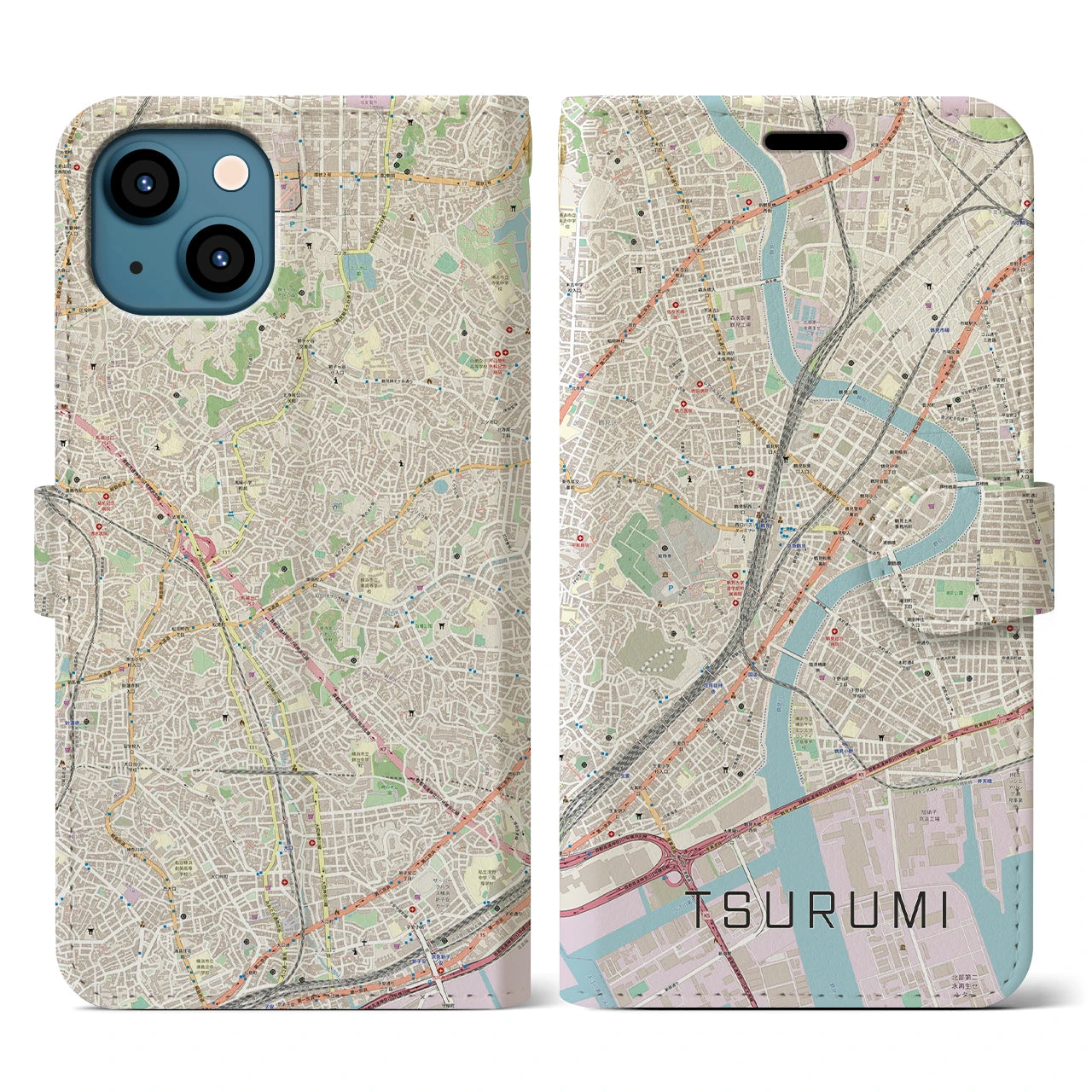 【鶴見】地図柄iPhoneケース（手帳両面タイプ・ナチュラル）iPhone 13 用
