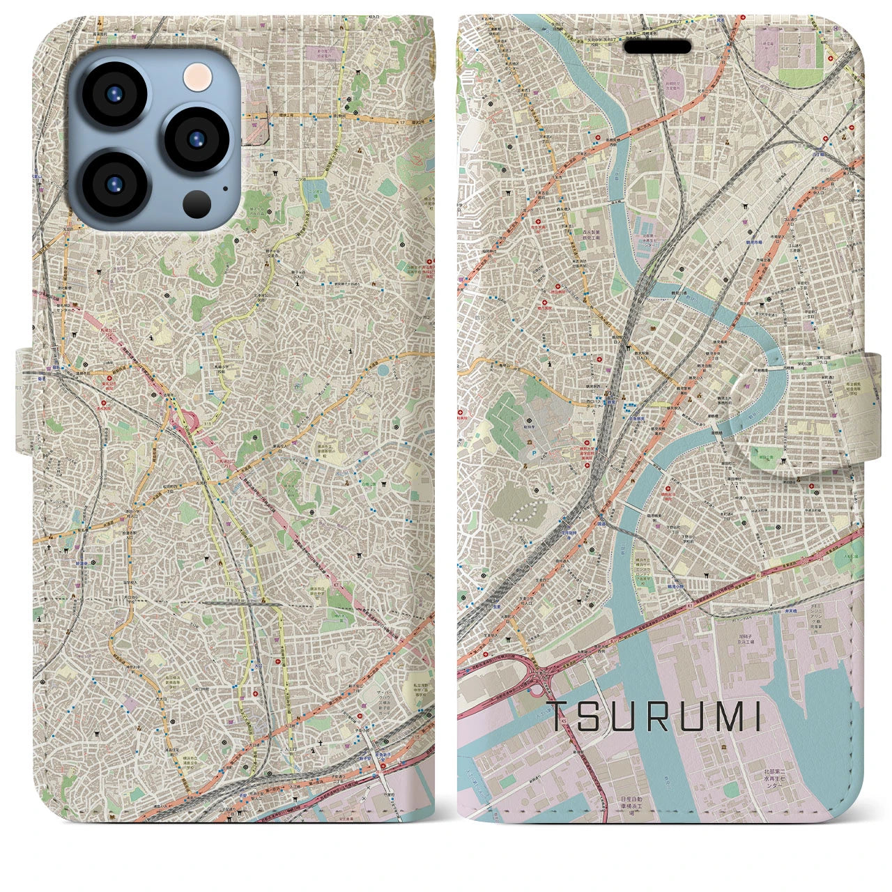 【鶴見】地図柄iPhoneケース（手帳両面タイプ・ナチュラル）iPhone 13 Pro Max 用