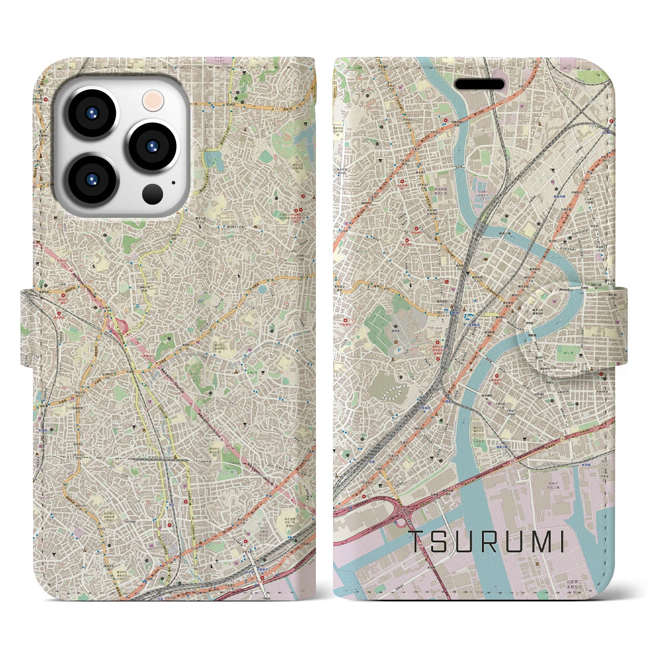 【鶴見】地図柄iPhoneケース（手帳両面タイプ・ナチュラル）iPhone 13 Pro 用
