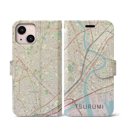 【鶴見（神奈川県）】地図柄iPhoneケース（手帳タイプ）ナチュラル・iPhone 13 mini 用