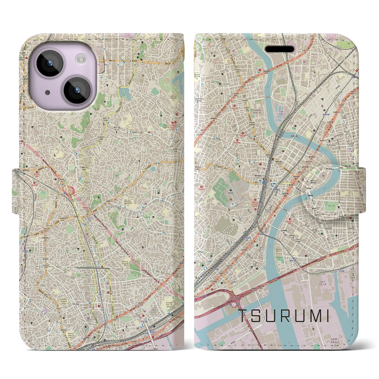 【鶴見】地図柄iPhoneケース（手帳両面タイプ・ナチュラル）iPhone 14 用