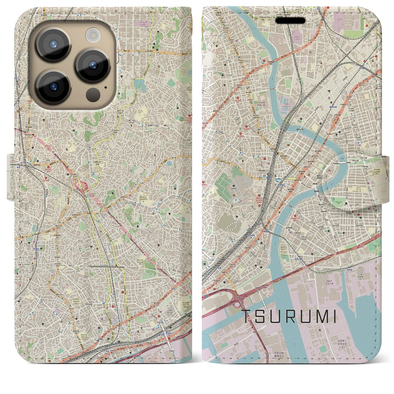 【鶴見】地図柄iPhoneケース（手帳両面タイプ・ナチュラル）iPhone 14 Pro Max 用