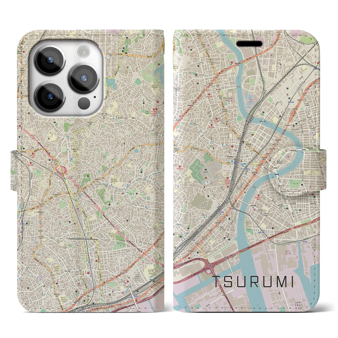 【鶴見】地図柄iPhoneケース（手帳両面タイプ・ナチュラル）iPhone 14 Pro 用