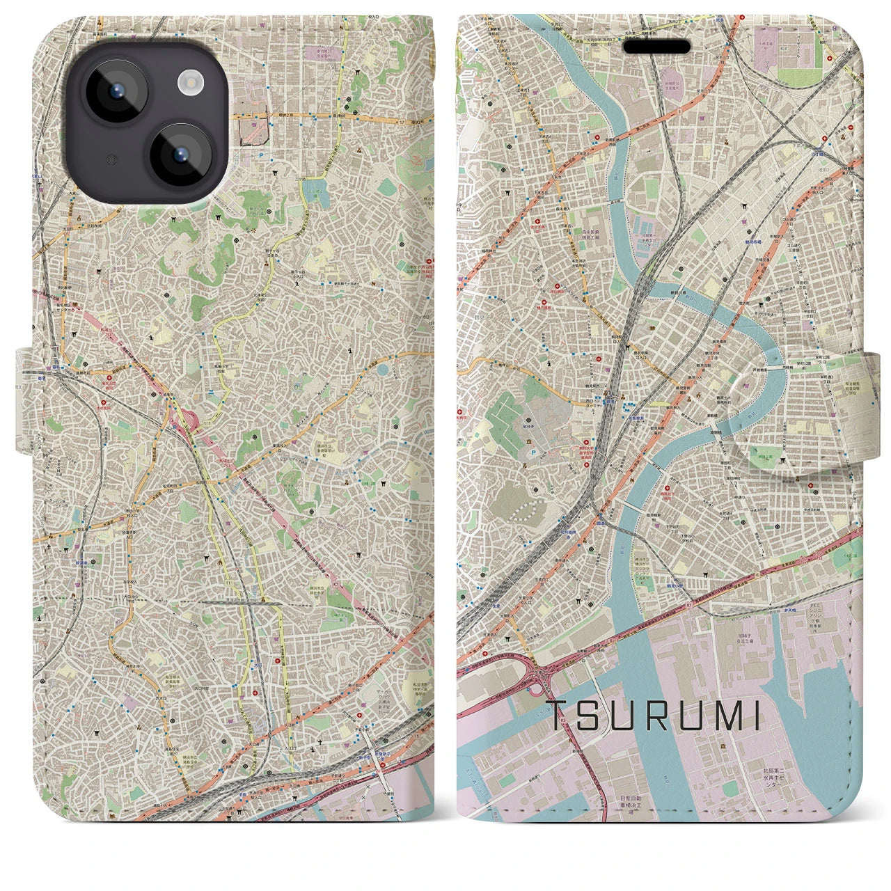 【鶴見】地図柄iPhoneケース（手帳両面タイプ・ナチュラル）iPhone 14 Plus 用