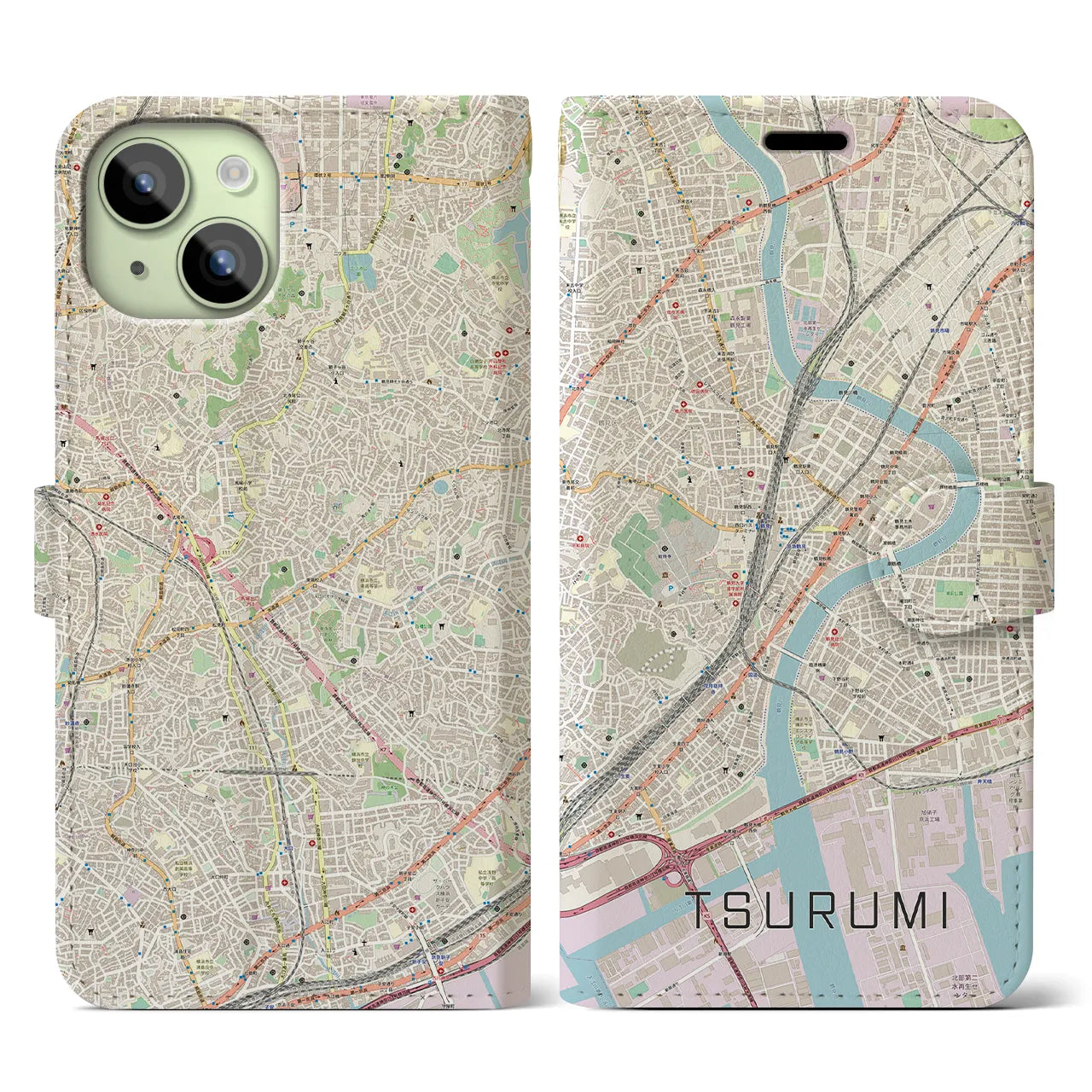 【鶴見】地図柄iPhoneケース（手帳両面タイプ・ナチュラル）iPhone 15 用