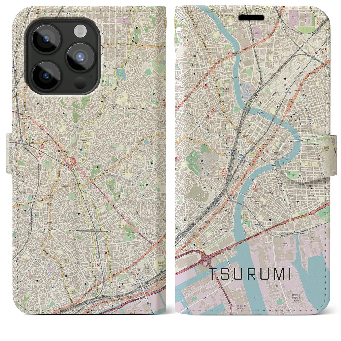 【鶴見】地図柄iPhoneケース（手帳両面タイプ・ナチュラル）iPhone 15 Pro Max 用