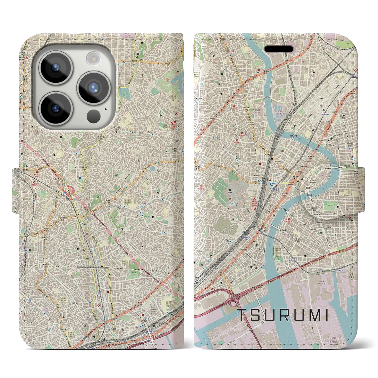 【鶴見】地図柄iPhoneケース（手帳両面タイプ・ナチュラル）iPhone 15 Pro 用
