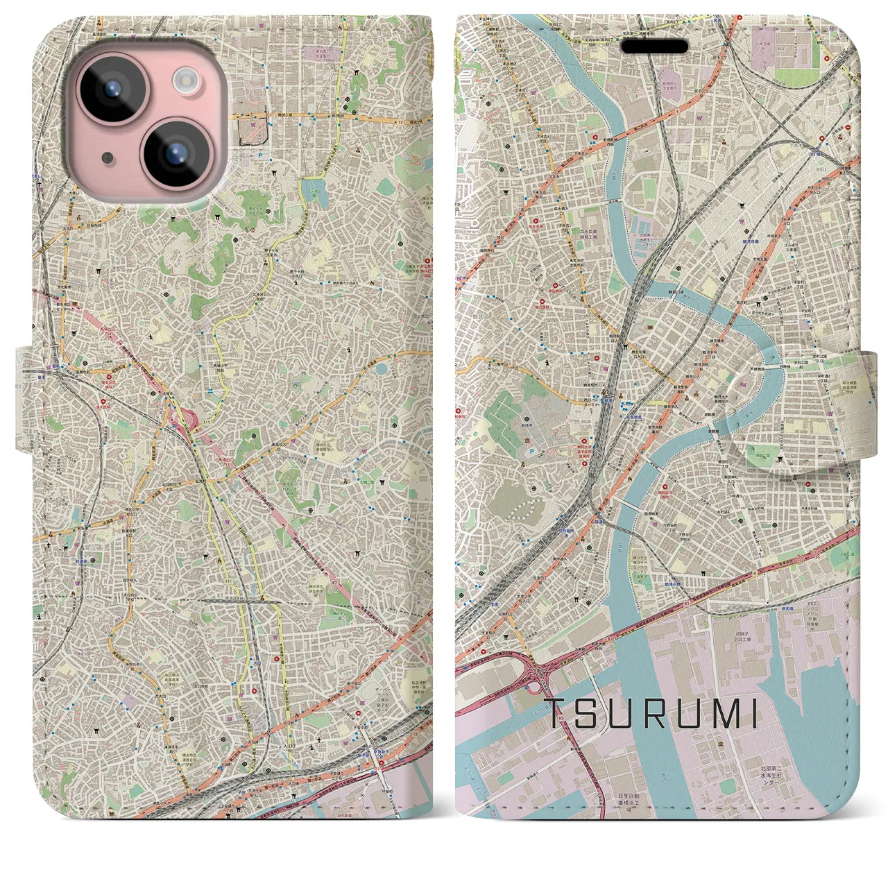 【鶴見】地図柄iPhoneケース（手帳両面タイプ・ナチュラル）iPhone 15 Plus 用