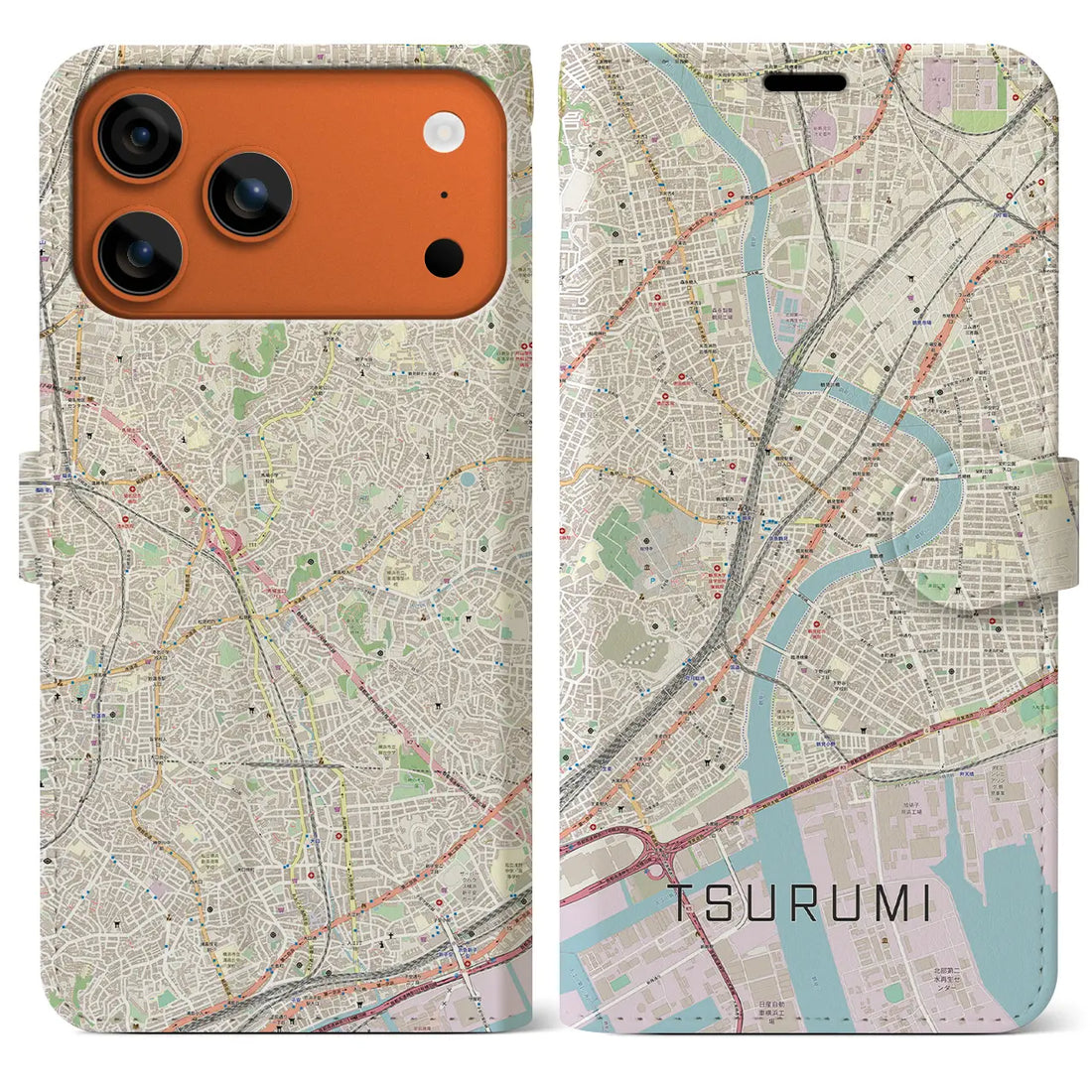 【鶴見(神奈川県)】地図柄iPhoneケース(手帳タイプ)モノトーン・iPhone 17 Pro Max 用
