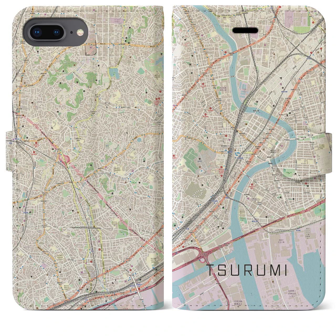 【鶴見】地図柄iPhoneケース（手帳両面タイプ・ナチュラル）iPhone 8Plus /7Plus / 6sPlus / 6Plus 用