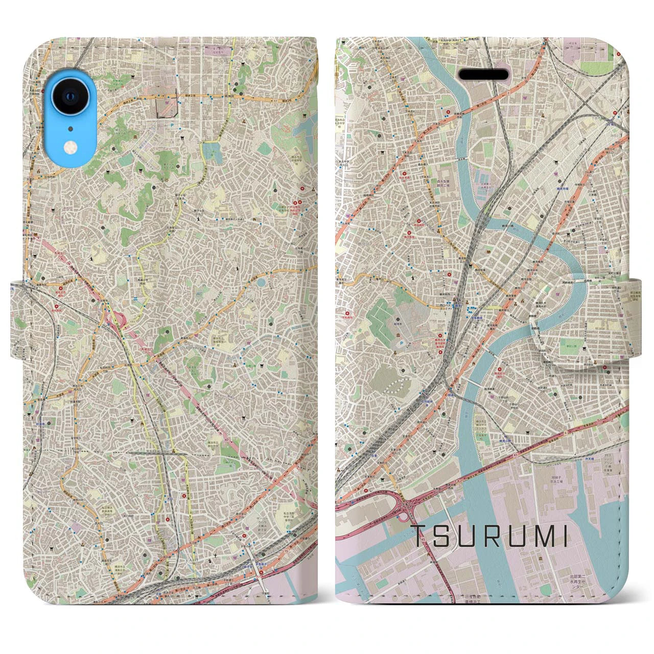 【鶴見】地図柄iPhoneケース（手帳両面タイプ・ナチュラル）iPhone XR 用
