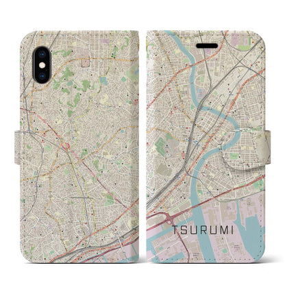 【鶴見（神奈川県）】地図柄iPhoneケース（手帳タイプ）ナチュラル・iPhone XS / X 用