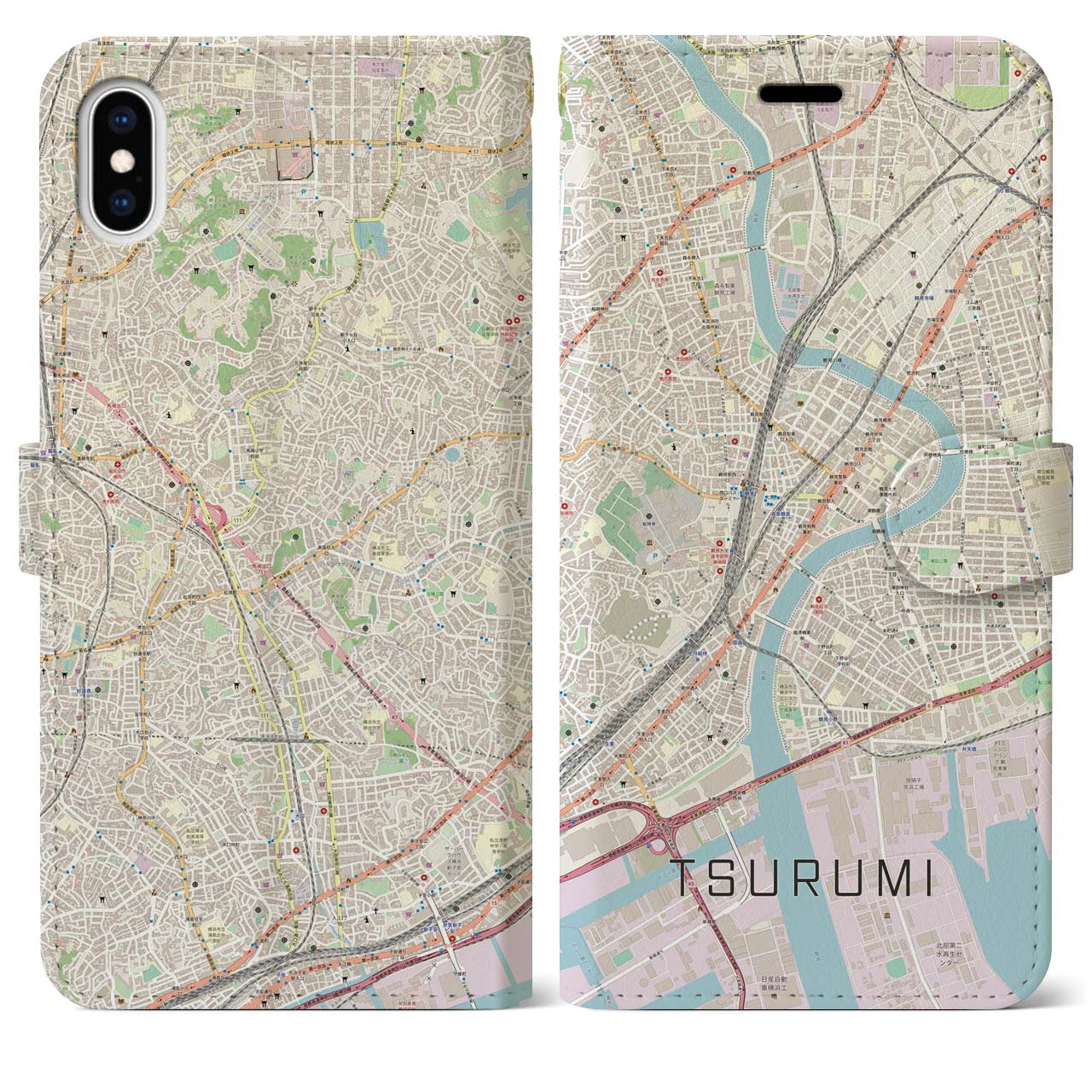 【鶴見】地図柄iPhoneケース（手帳両面タイプ・ナチュラル）iPhone XS Max 用