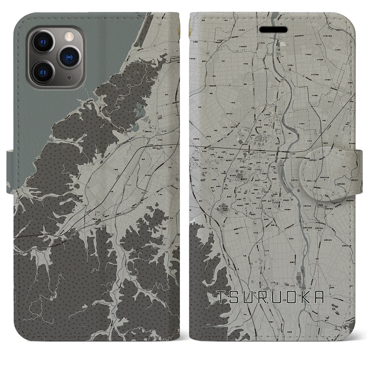 【鶴岡】地図柄iPhoneケース（手帳両面タイプ・モノトーン）iPhone 11 Pro Max 用