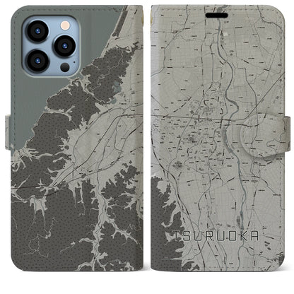 【鶴岡（山形県）】地図柄iPhoneケース（手帳タイプ）モノトーン・iPhone 13 Pro Max 用