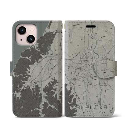 【鶴岡（山形県）】地図柄iPhoneケース（手帳タイプ）モノトーン・iPhone 13 mini 用