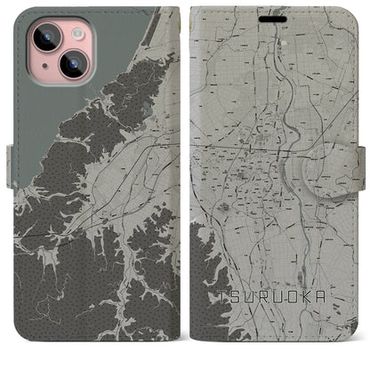 【鶴岡（山形県）】地図柄iPhoneケース（手帳タイプ）モノトーン・iPhone 15 Plus 用