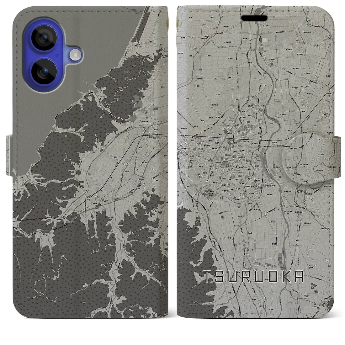 【鶴岡(山形県)】地図柄iPhoneケース(手帳タイプ)モノトーン・iPhone 16 Pro Max 用