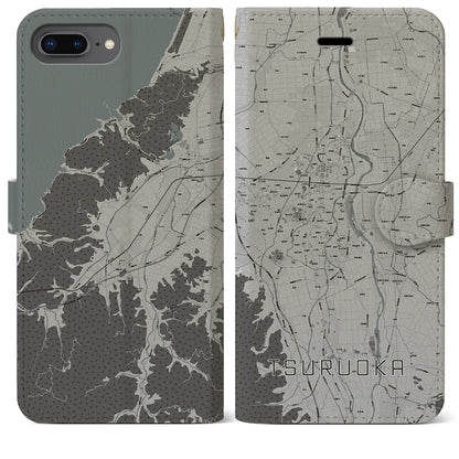 【鶴岡（山形県）】地図柄iPhoneケース（手帳タイプ）モノトーン・iPhone 8Plus /7Plus / 6sPlus / 6Plus 用