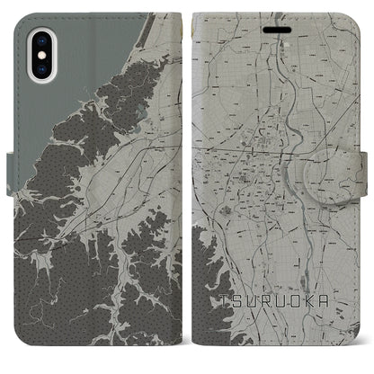 【鶴岡（山形県）】地図柄iPhoneケース（手帳タイプ）モノトーン・iPhone XS Max 用