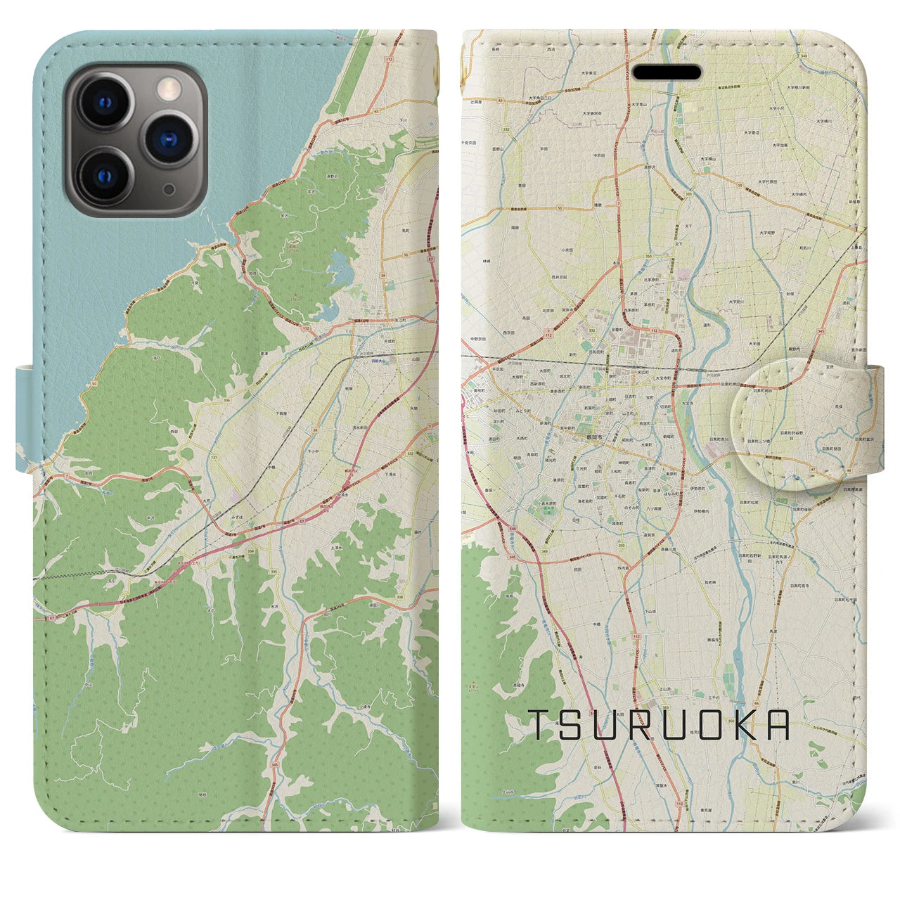 【鶴岡】地図柄iPhoneケース（手帳両面タイプ・ナチュラル）iPhone 11 Pro Max 用