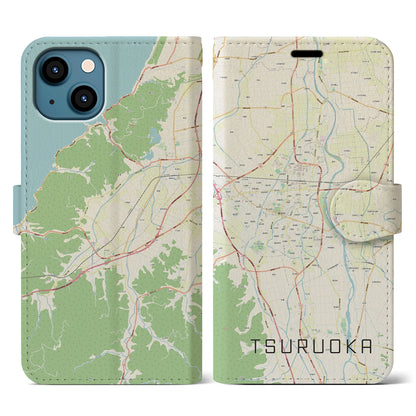 【鶴岡（山形県）】地図柄iPhoneケース（手帳タイプ）ナチュラル・iPhone 13 用