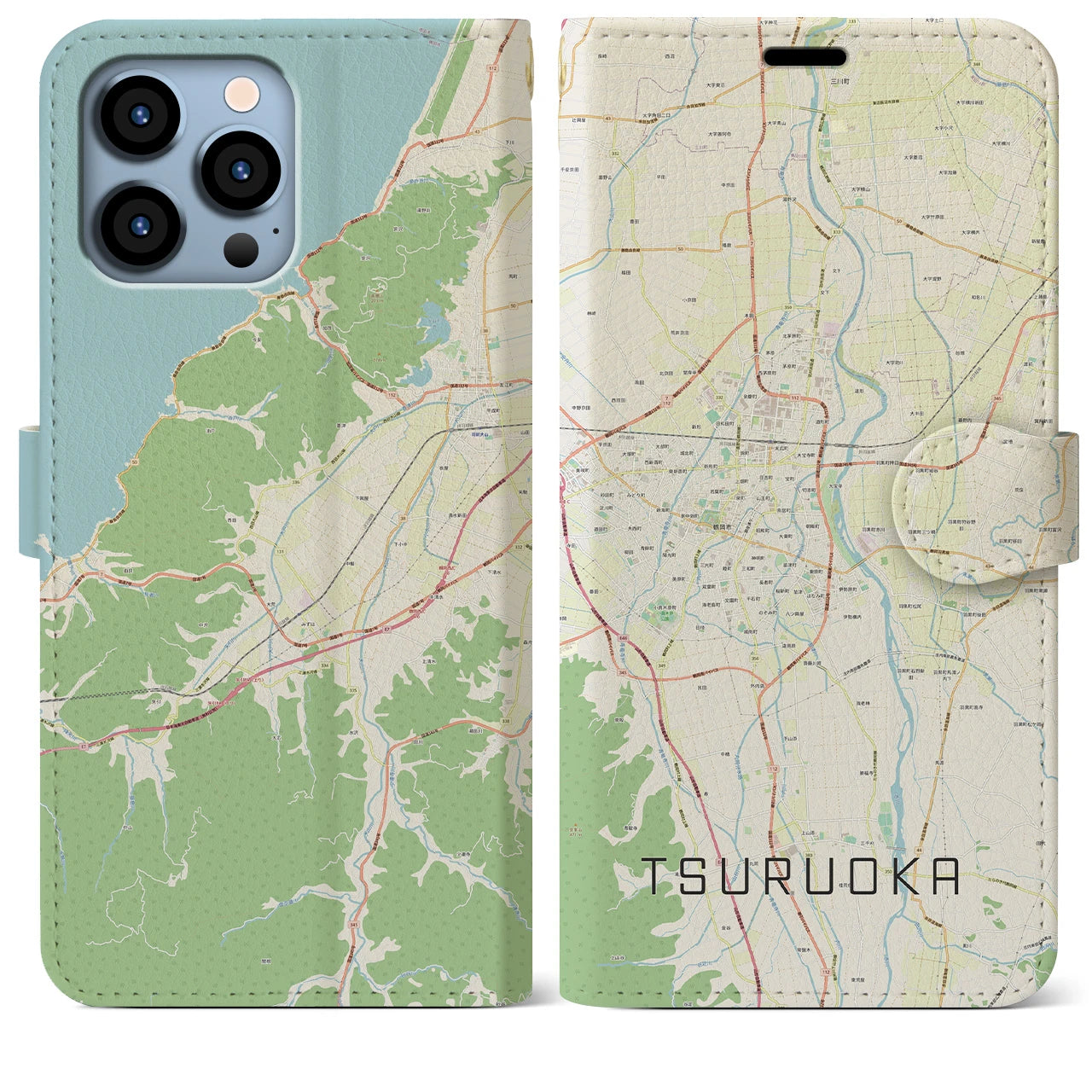 【鶴岡】地図柄iPhoneケース（手帳両面タイプ・ナチュラル）iPhone 13 Pro Max 用