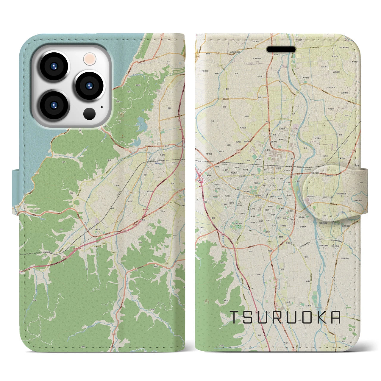 【鶴岡】地図柄iPhoneケース（手帳両面タイプ・ナチュラル）iPhone 13 Pro 用
