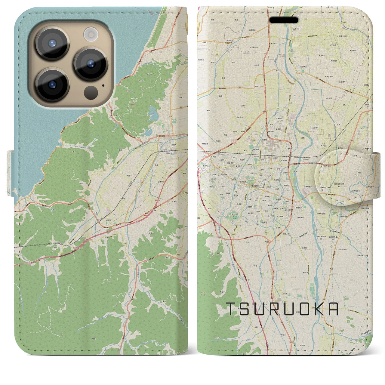 【鶴岡】地図柄iPhoneケース（手帳両面タイプ・ナチュラル）iPhone 14 Pro Max 用