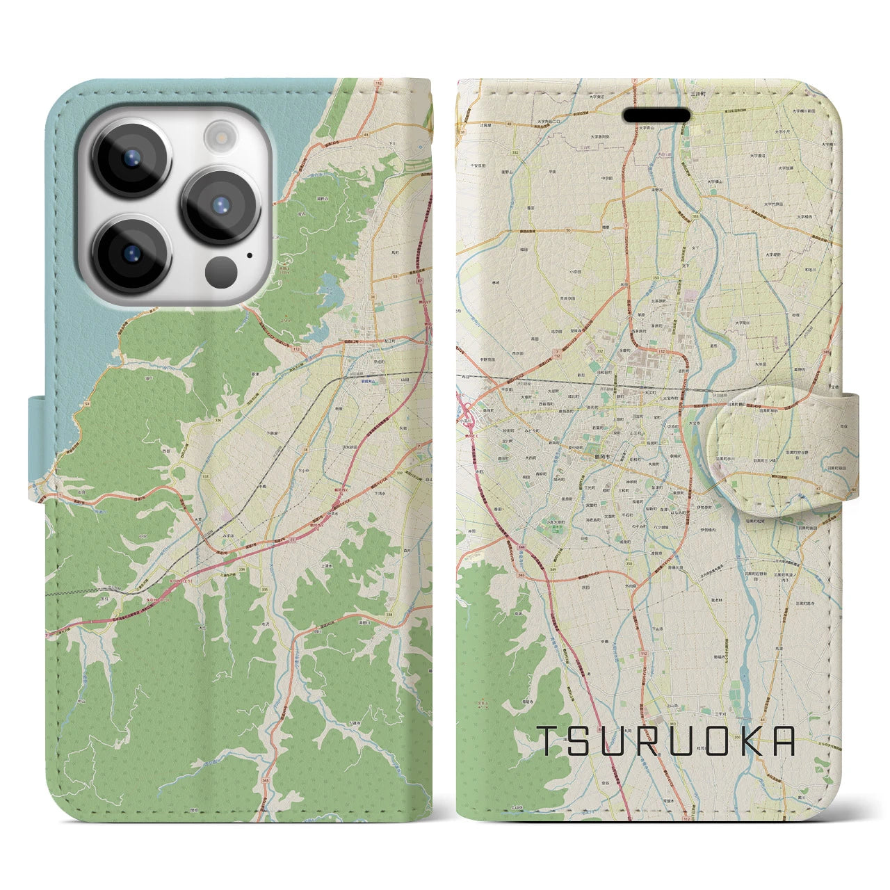 【鶴岡】地図柄iPhoneケース（手帳両面タイプ・ナチュラル）iPhone 14 Pro 用