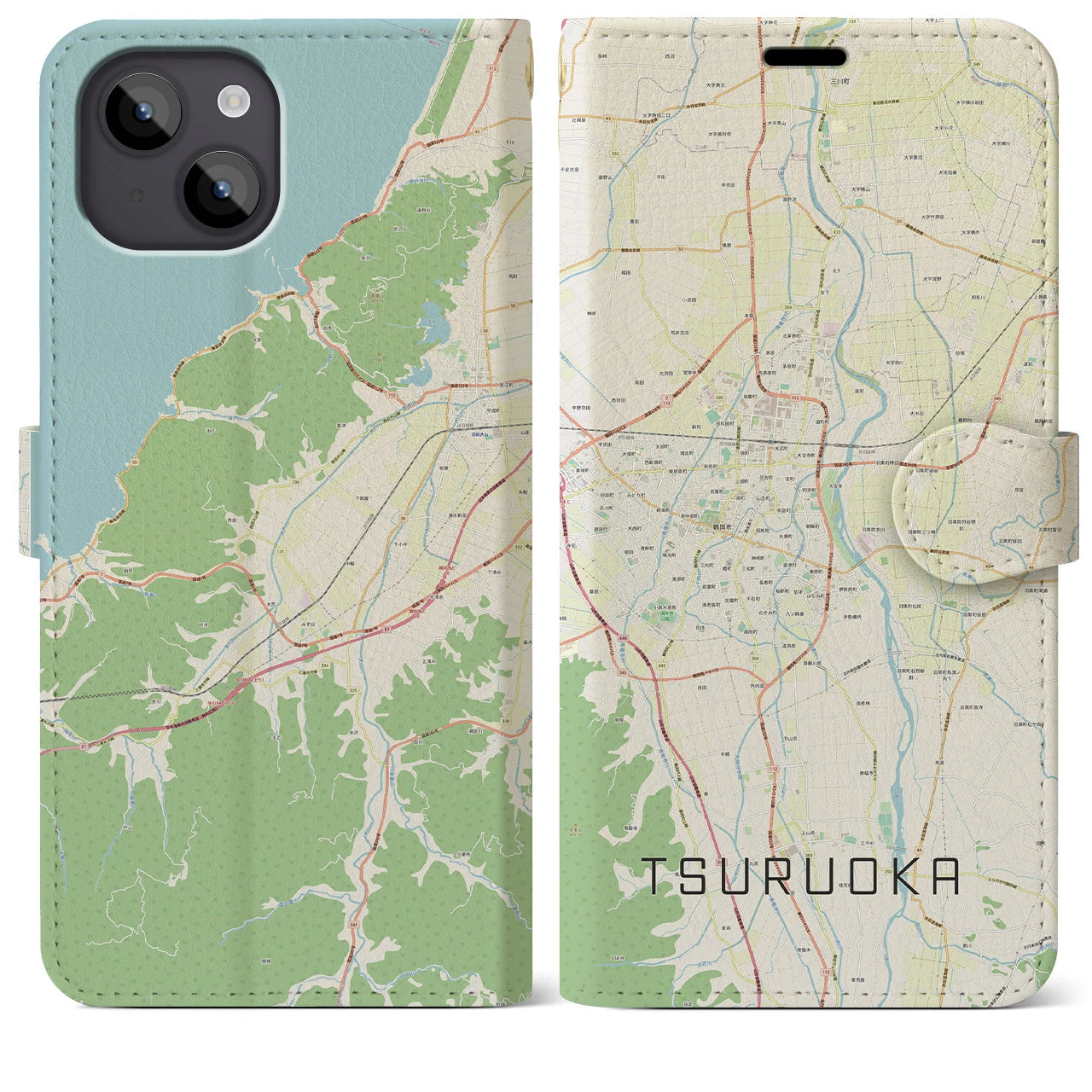 【鶴岡】地図柄iPhoneケース（手帳両面タイプ・ナチュラル）iPhone 14 Plus 用