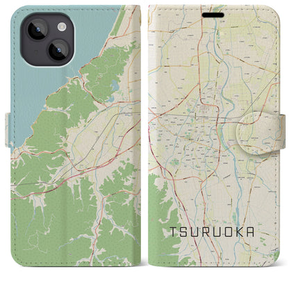 【鶴岡（山形県）】地図柄iPhoneケース（手帳タイプ）ナチュラル・iPhone 14 Plus 用