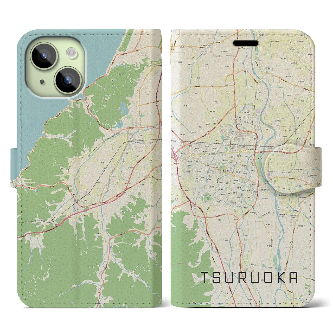 【鶴岡】地図柄iPhoneケース（手帳両面タイプ・ナチュラル）iPhone 15 用