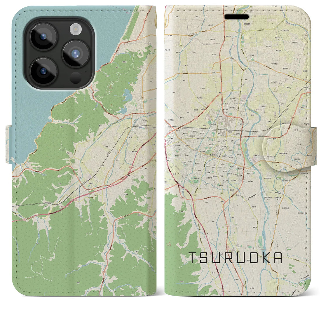 【鶴岡】地図柄iPhoneケース（手帳両面タイプ・ナチュラル）iPhone 15 Pro Max 用