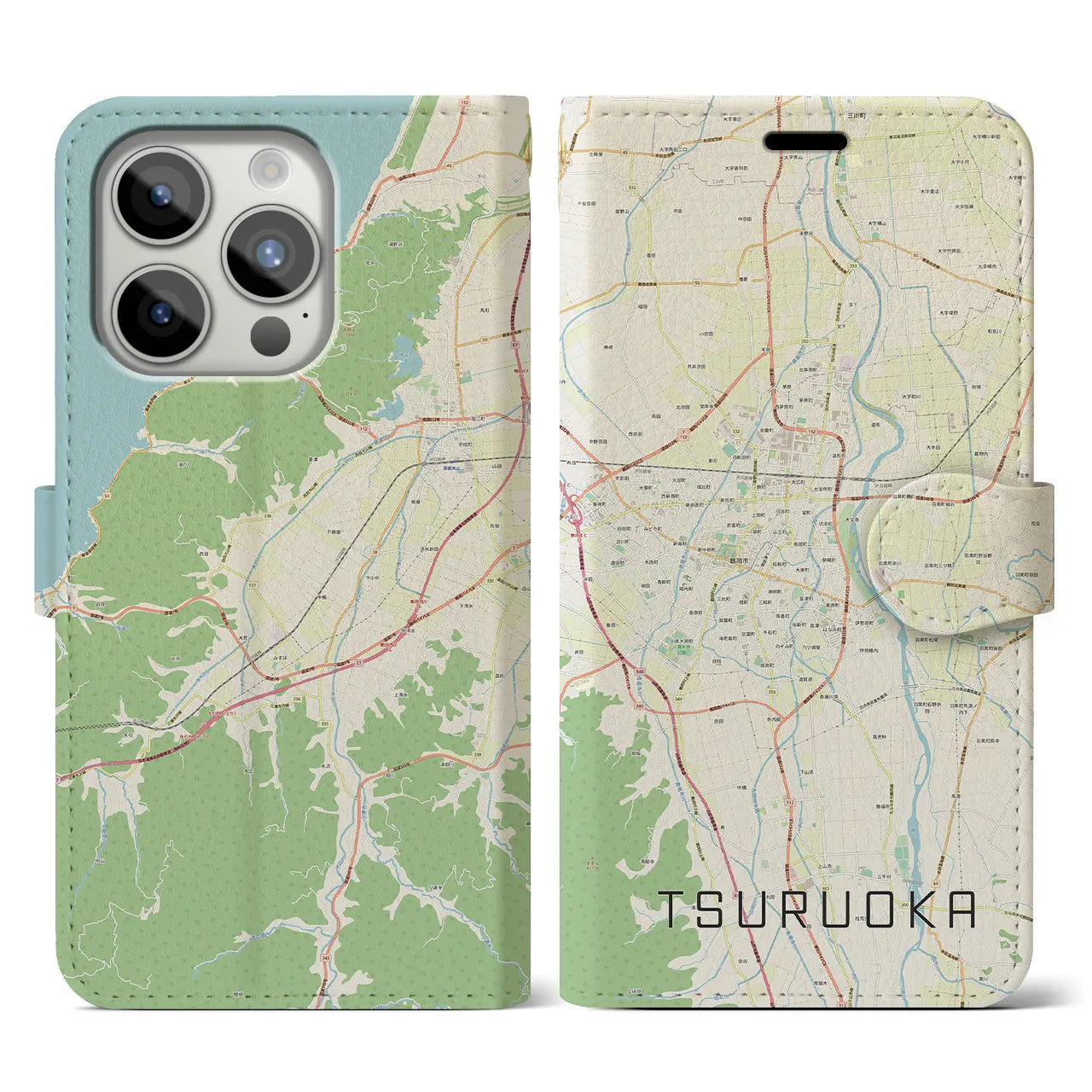【鶴岡】地図柄iPhoneケース（手帳両面タイプ・ナチュラル）iPhone 15 Pro 用