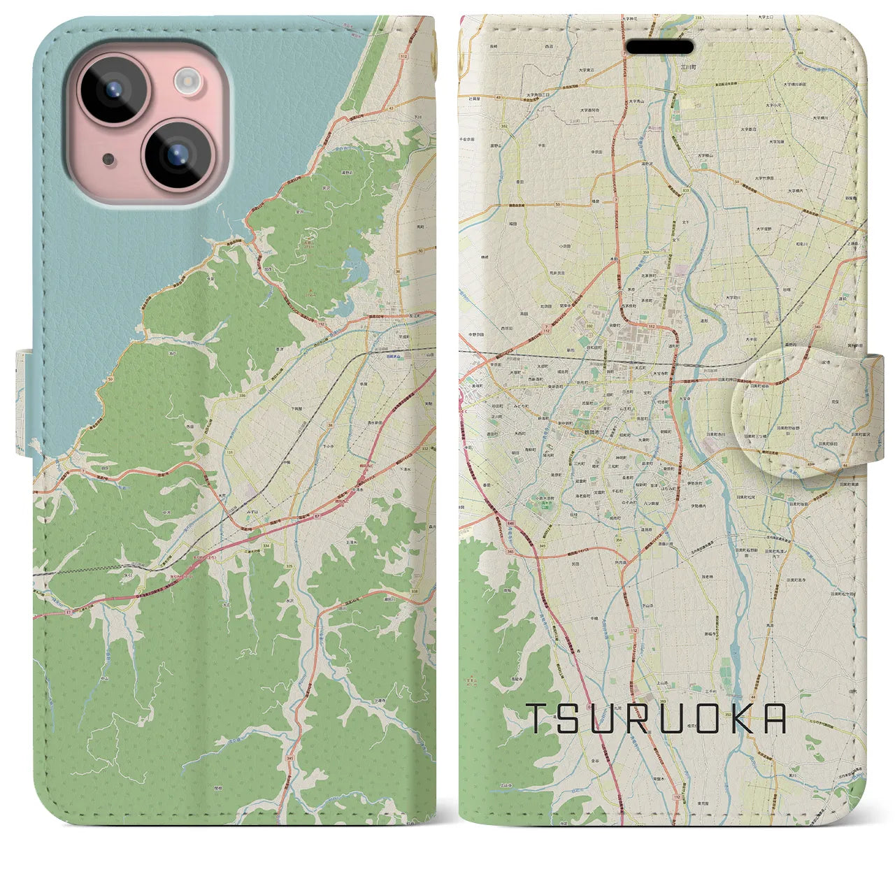 【鶴岡】地図柄iPhoneケース（手帳両面タイプ・ナチュラル）iPhone 15 Plus 用