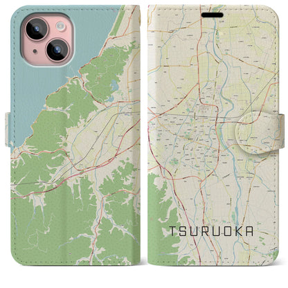 【鶴岡（山形県）】地図柄iPhoneケース（手帳タイプ）ナチュラル・iPhone 15 Plus 用
