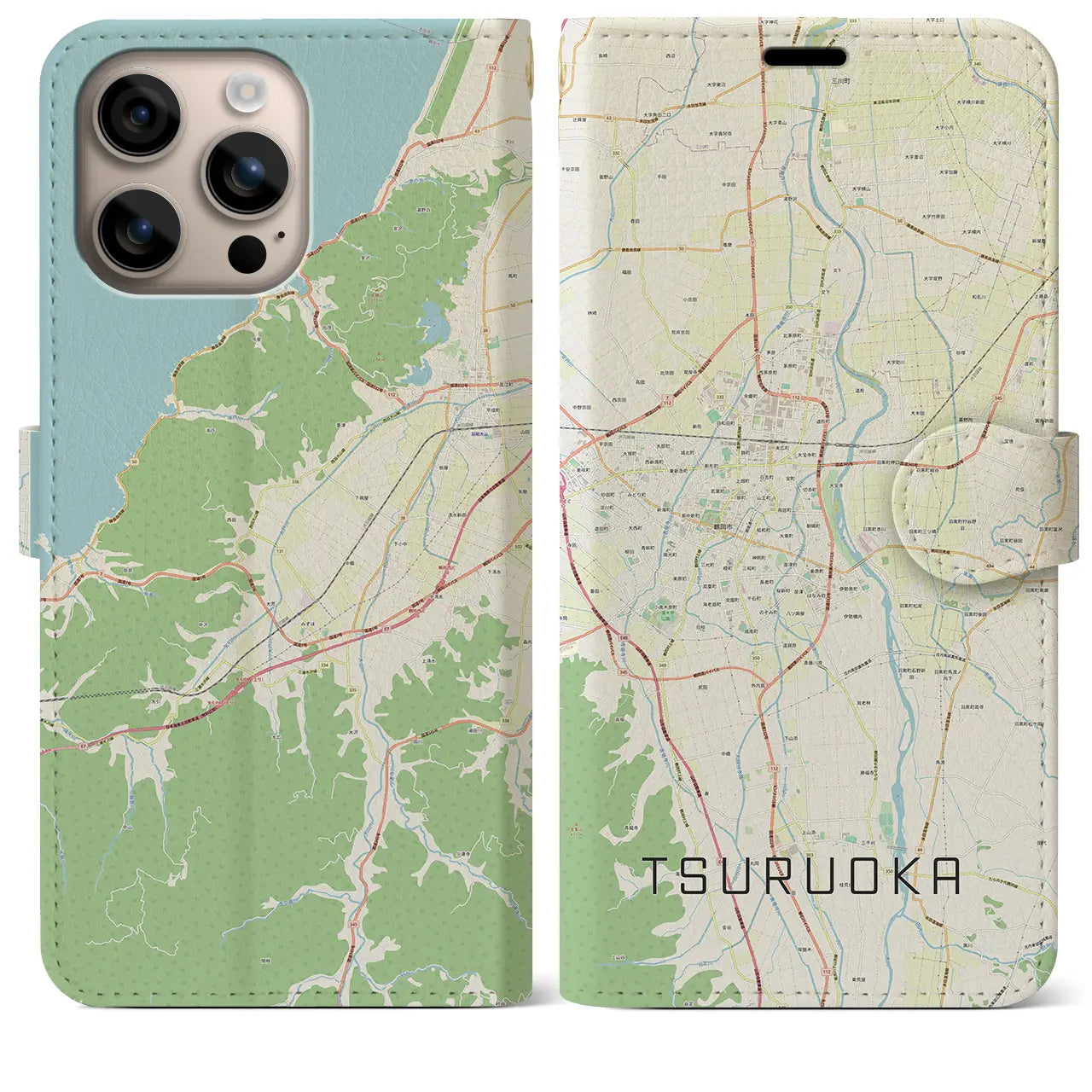 【鶴岡（山形県）】地図柄iPhoneケース（手帳タイプ）ナチュラル・iPhone 16 Plus 用